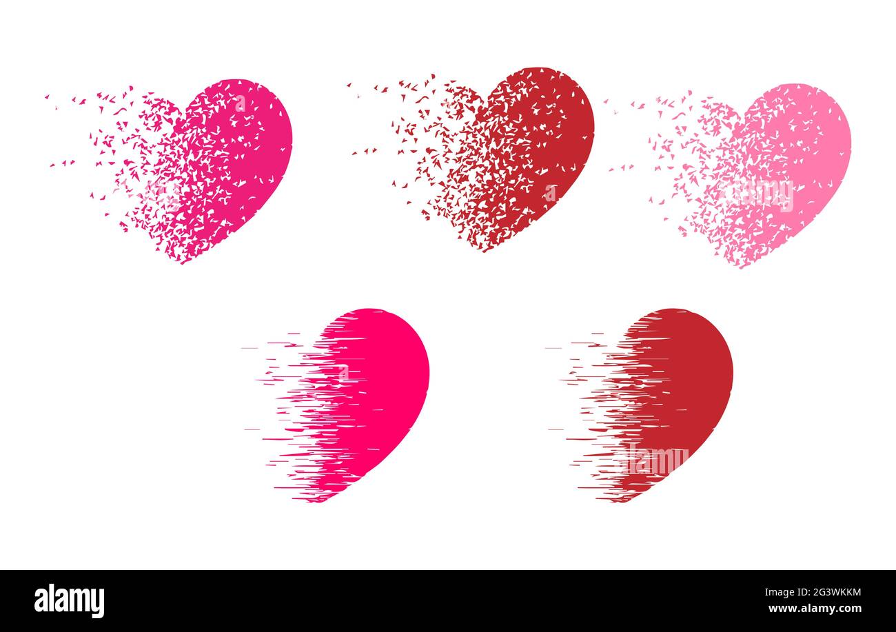 Dispersion and glitch effect on pink  and red hearts as design elements. Set of six hearts Stock Vector