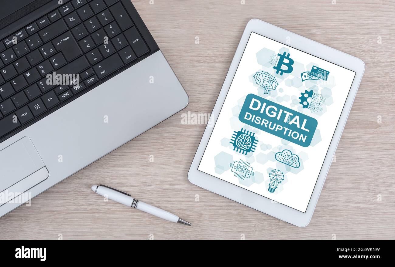 Digital disruption concept shown on a digital tablet Stock Photo