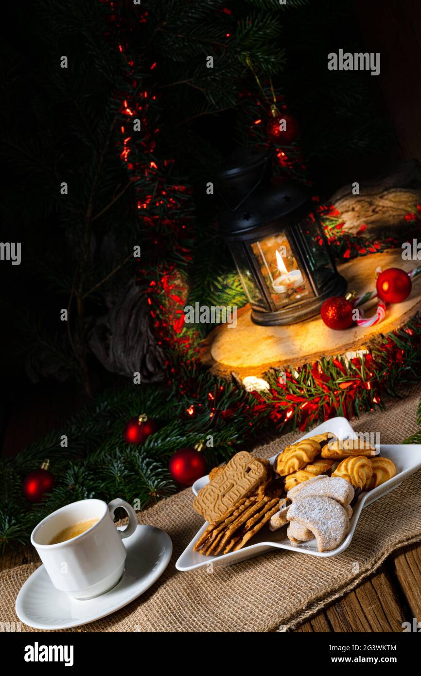 Different types of biscuits with rustic Christmas decorations Stock Photo