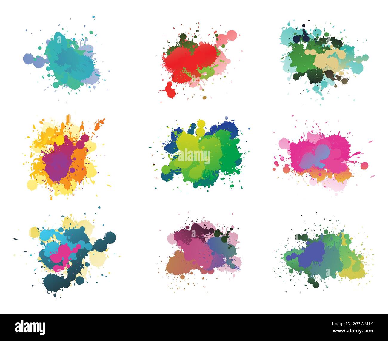 Multicolor ink splatter set 0f nine as graphical design element Stock Vector