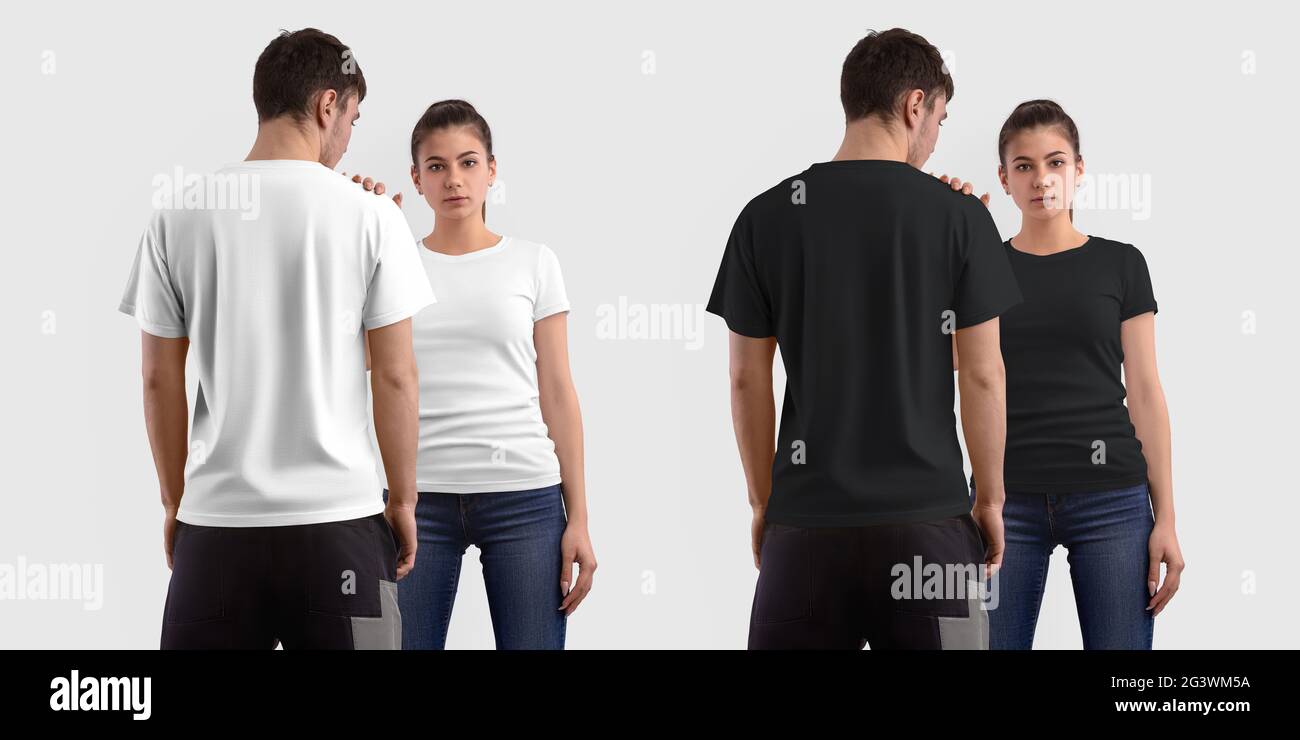 Mockup of a fashion white, black T-shirt on a guy, back view, and a girl,  front, for presentation of design. Blank women's, men's clothing template  is Stock Photo - Alamy