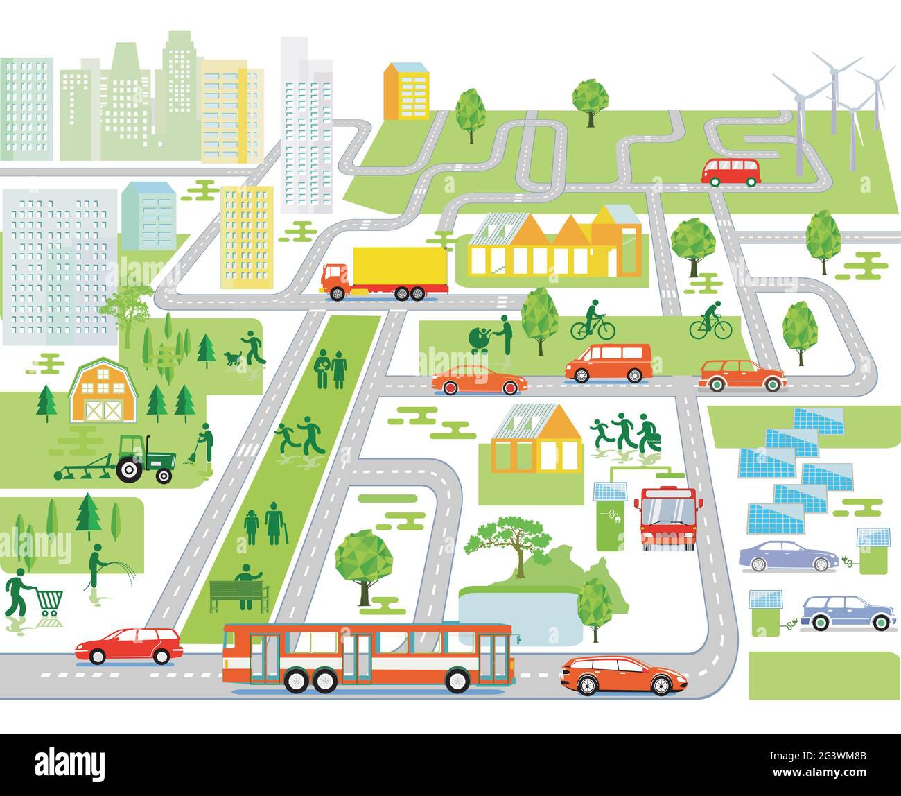 Streets with cars pedestrians and houses Stock Vector