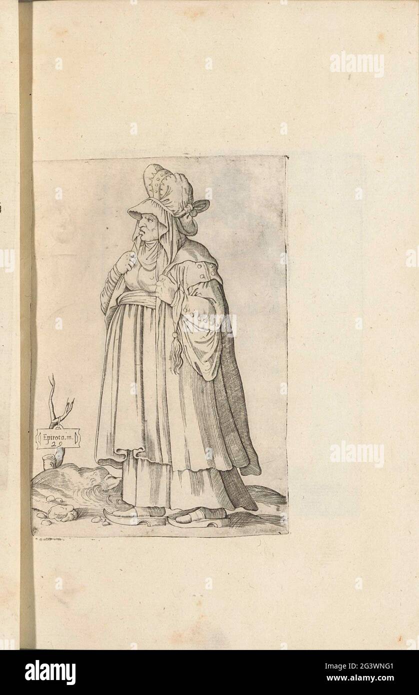 Woman from the Pyrenees; Epirota M (Ulier); Omnium Fere Gentium Nostrae Aetatis Habitus, Nunquam Ante Hac Aediti. Old woman from the Pyrenees, high hat on the head, to the left. Part of the costume book entitled 'Omnium Fere Gentium Nostrae Aetatis Habitus, Nunquam Ante Hac Aediti', Venice 1569. Reference from 1569 from the first edition from 1563. Stock Photo