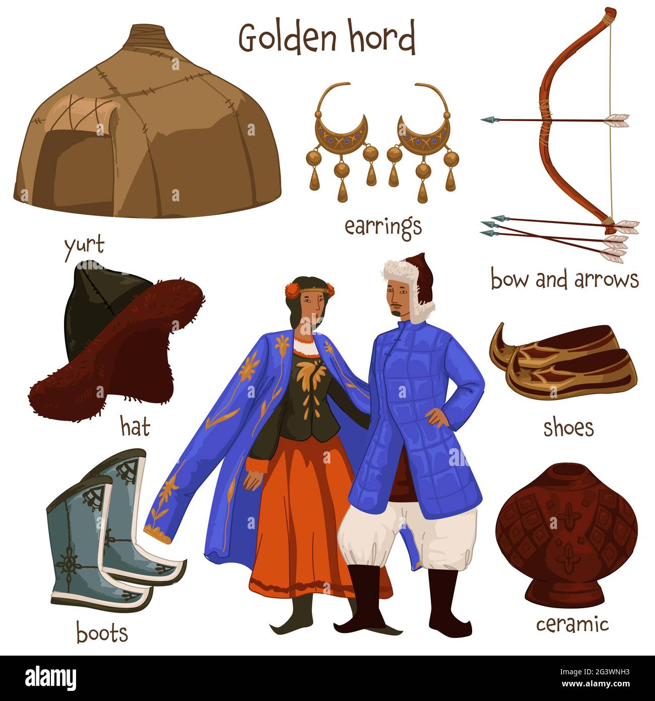 Golden horde people and clothes, lifestyle objects Stock Vector