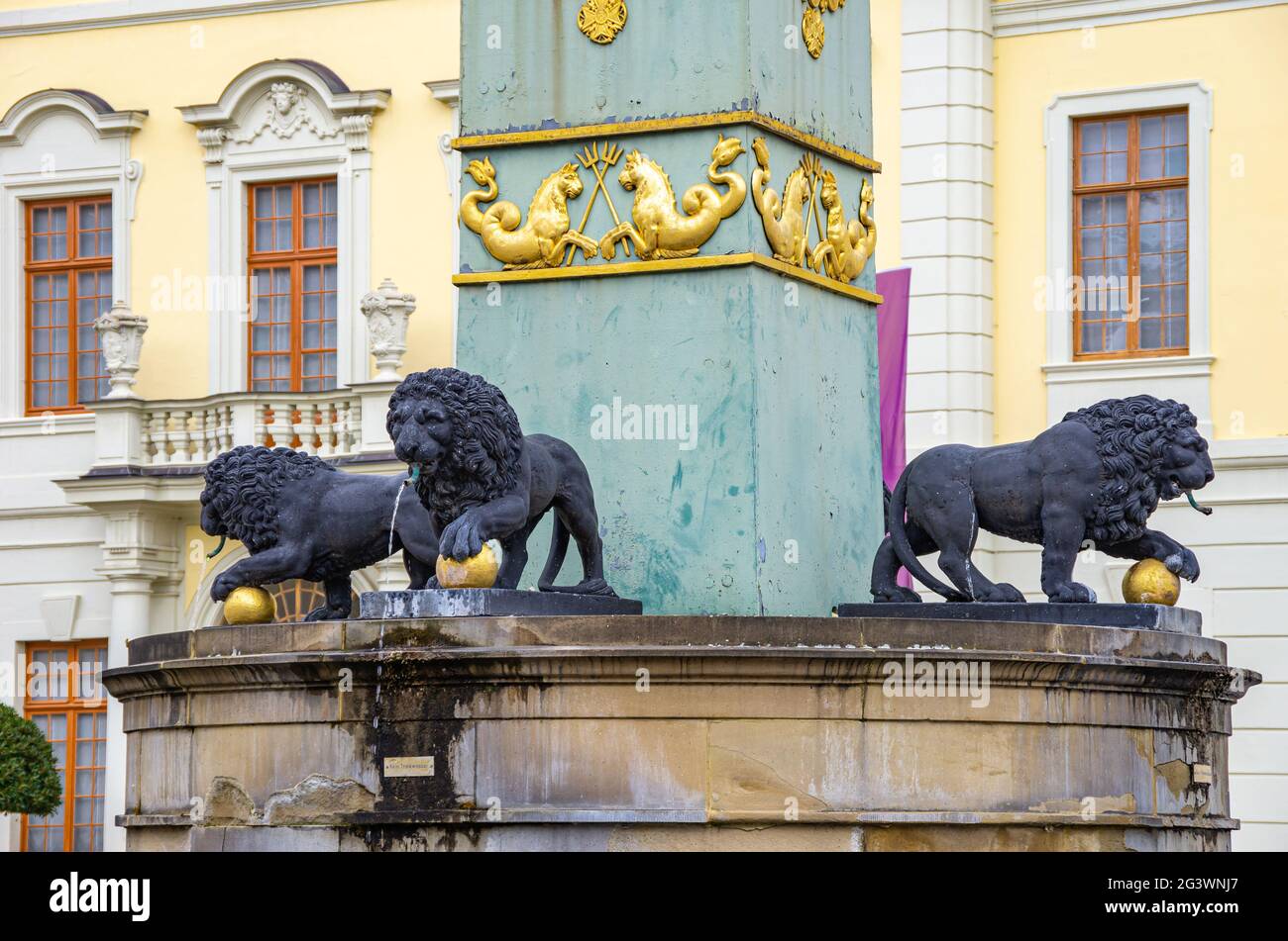 Inner courtyard with fountain, Baroque Residential Palace of Ludwigsburg, Baden-Württemberg, Germany. Stock Photo