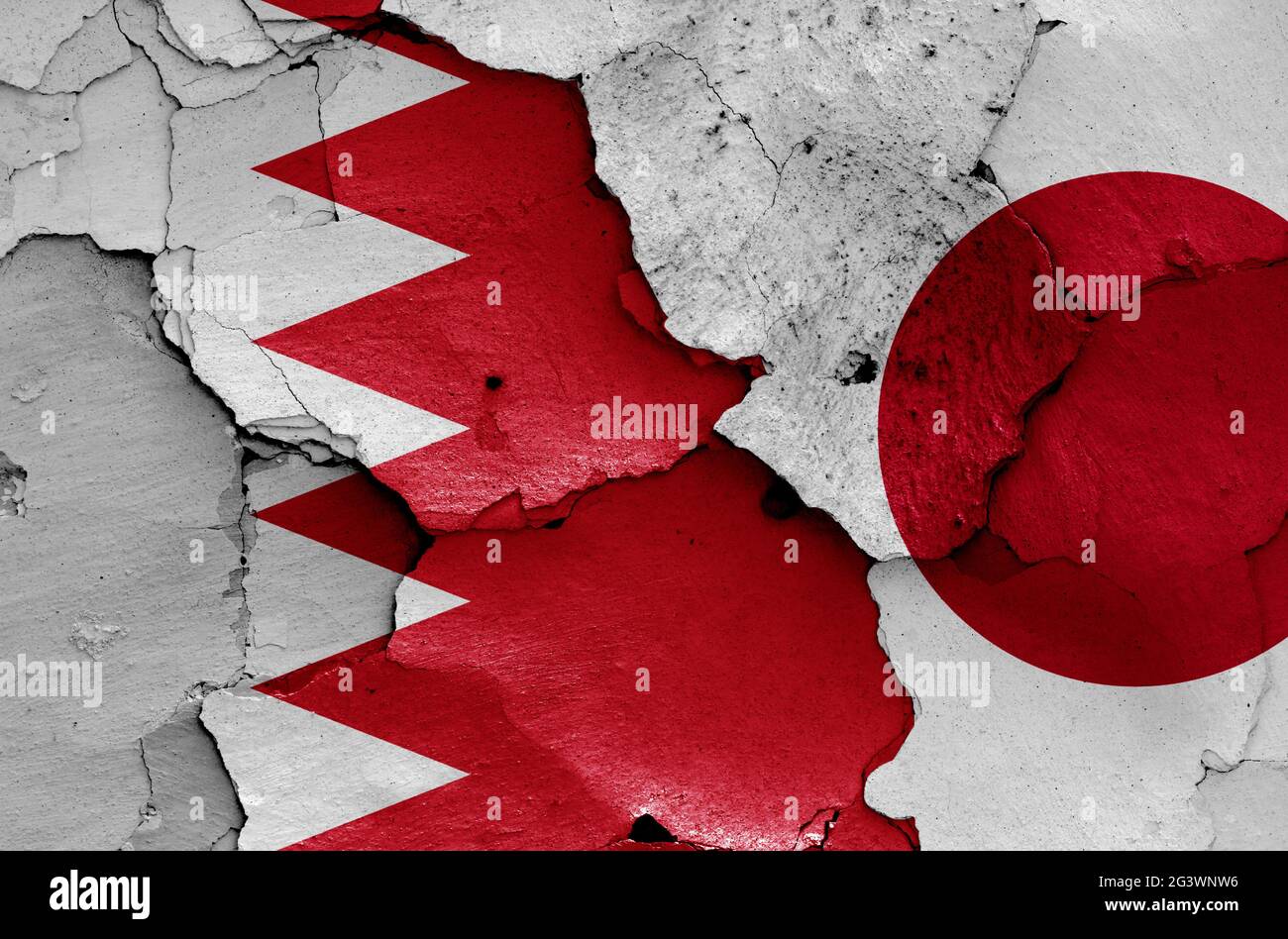 Flags of Bahrain and Japan painted on cracked wall Stock Photo - Alamy