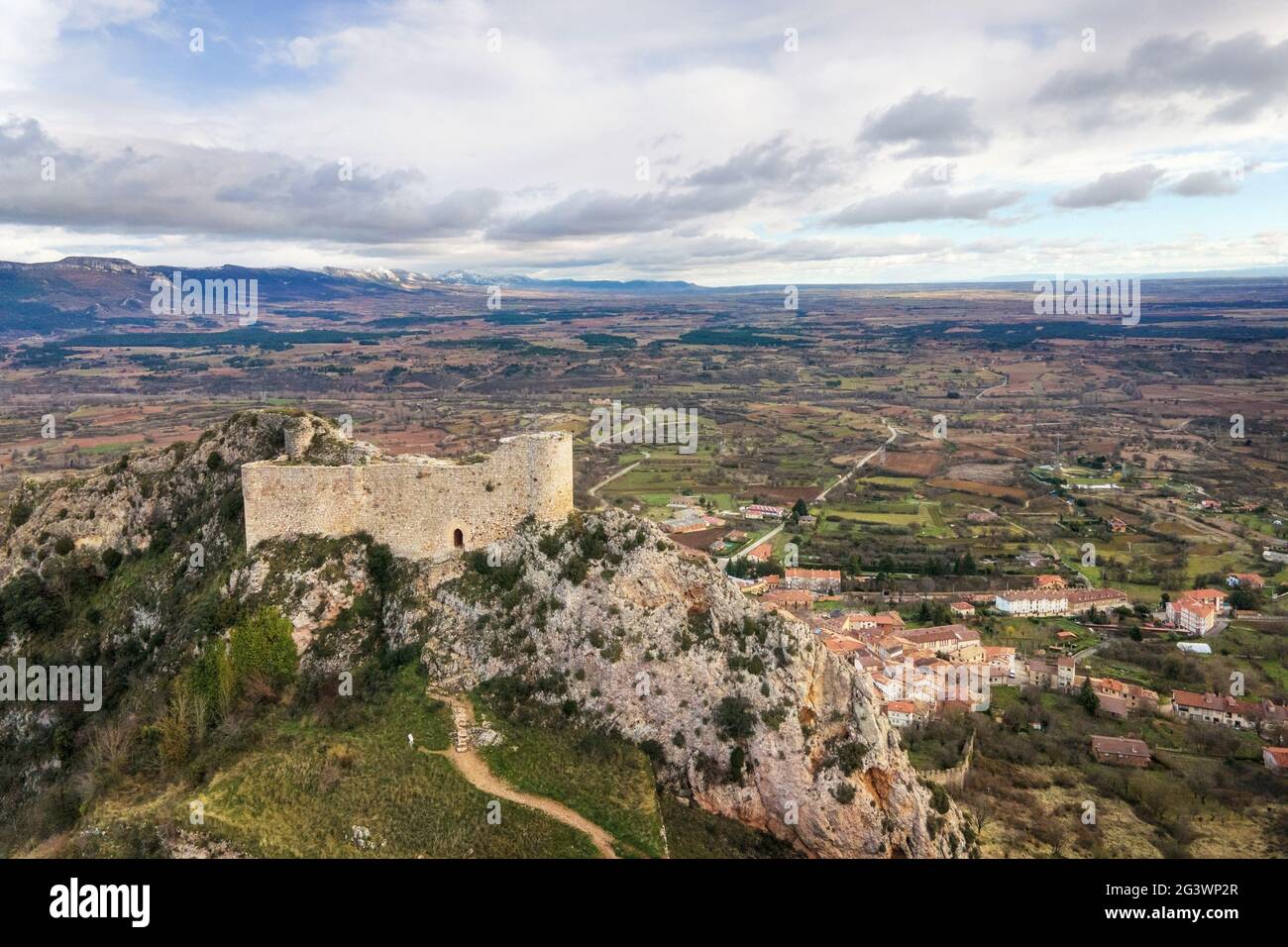 Aerial view of Poza de la Sal castle and village in Burgos, Castile and Leon, Spain . Stock Photo