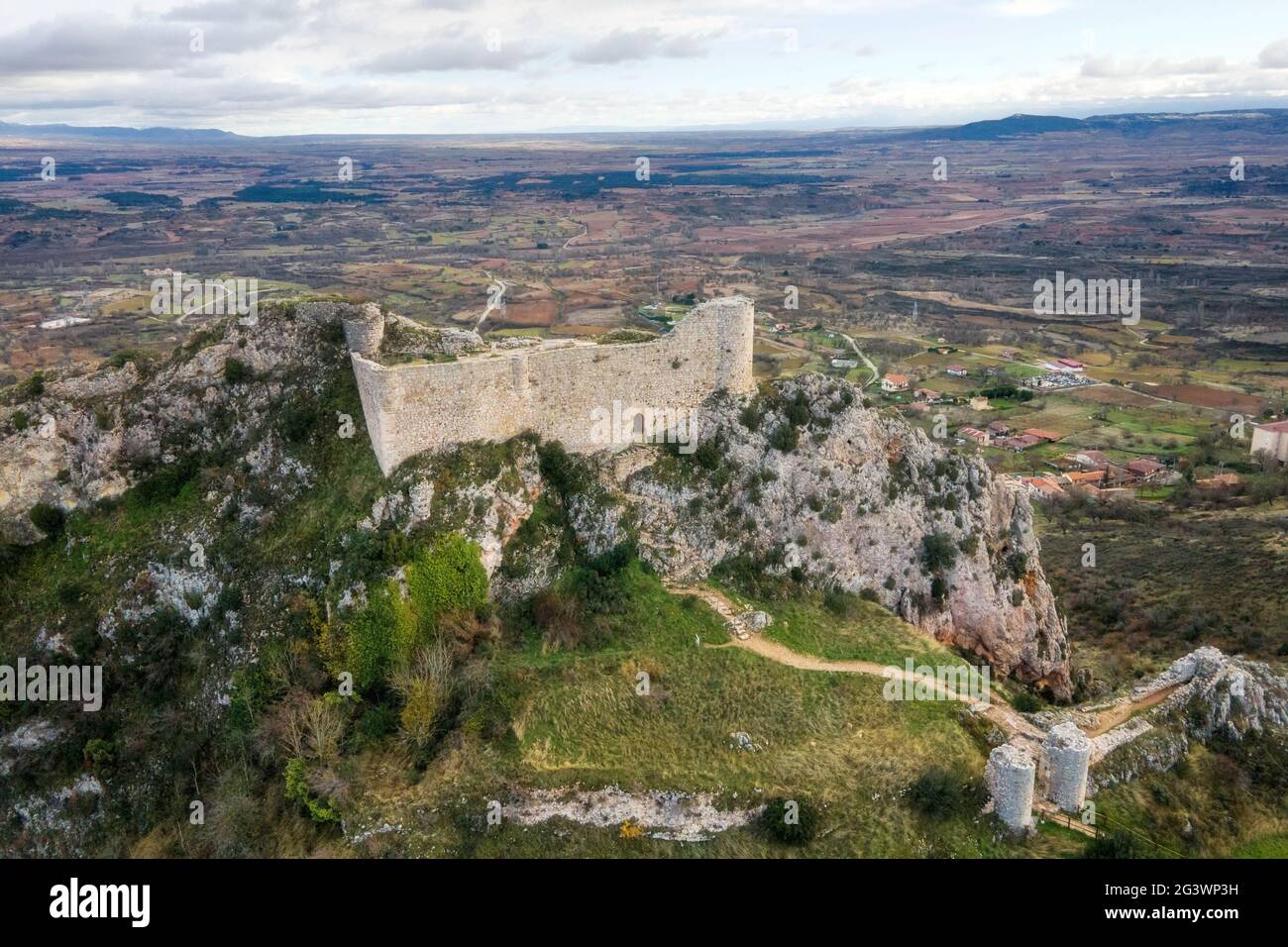 Aerial view of Poza de la Sal castle and village in Burgos, Castile and Leon, Spain . Stock Photo