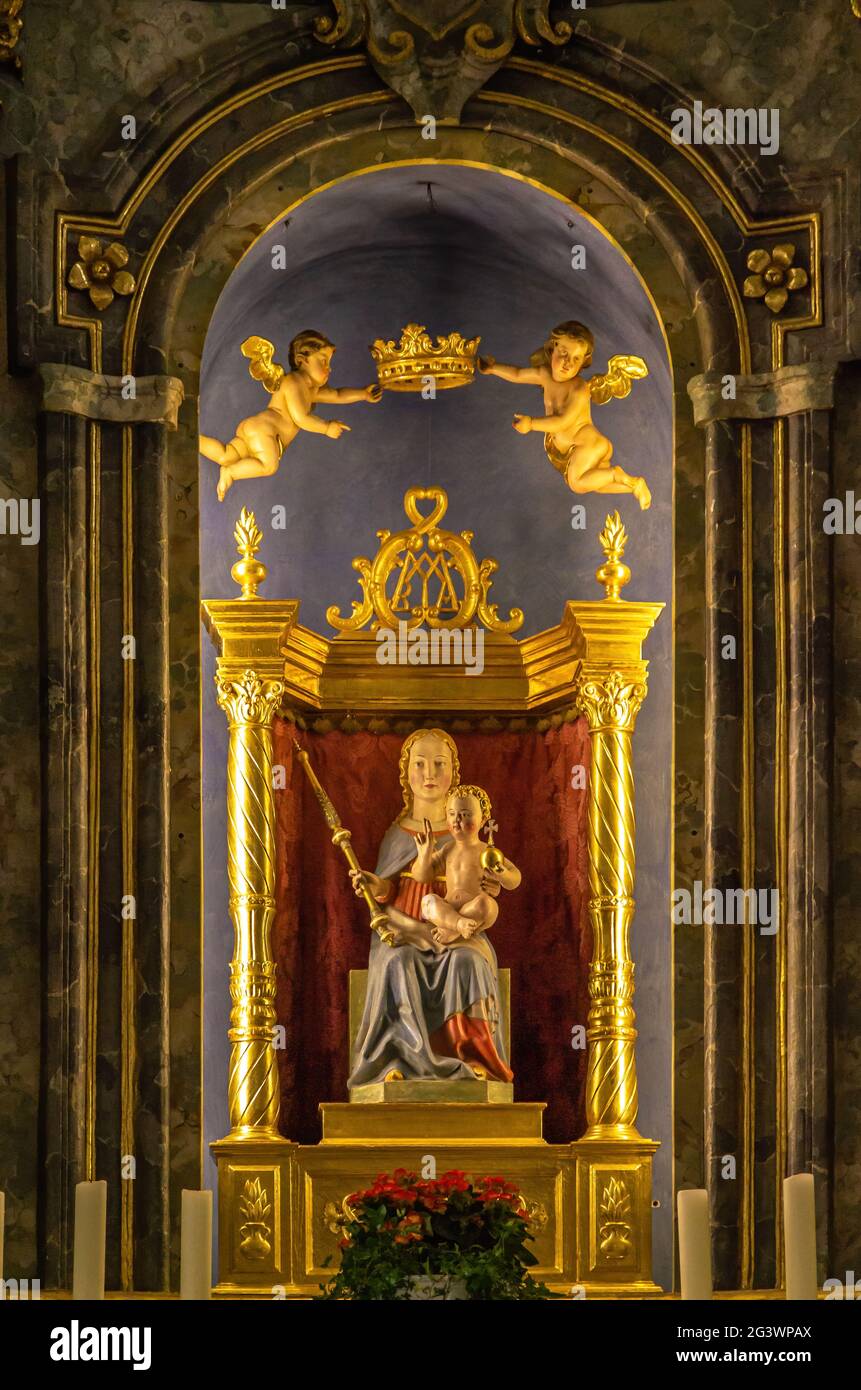 Altar and altarpiece showing Virgin Mary with Infant Jesus of the Baroque pilgrimage church of St. Mary on Rechberg, Schwäbisch-Gmünd, Germany. Stock Photo