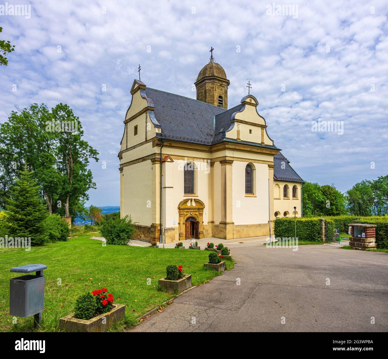 Exterior view of the Baroque pilgrimage and parish church of St. Mary on Rechberg, Schwäbisch Gmünd, Baden-Württemberg, Germany. Stock Photo