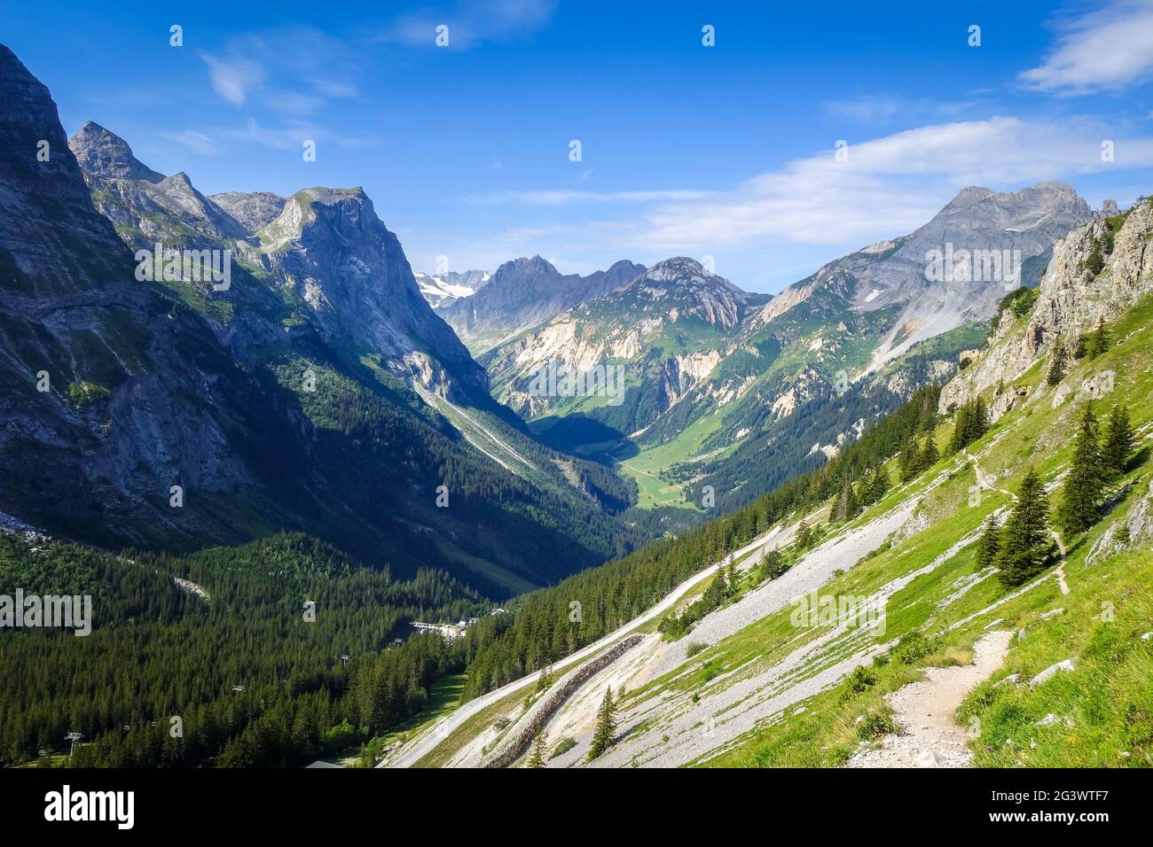 Mountain and hiking path landscape in French alps Stock Photo