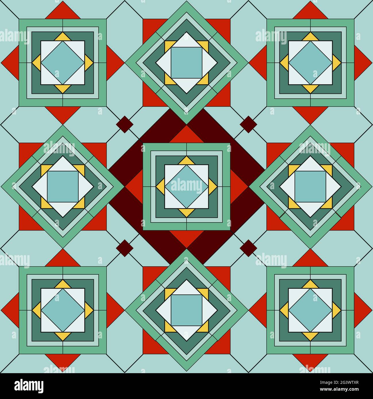 Seamless tile pattern. Blue, white, orange rhombus, squares, stripes