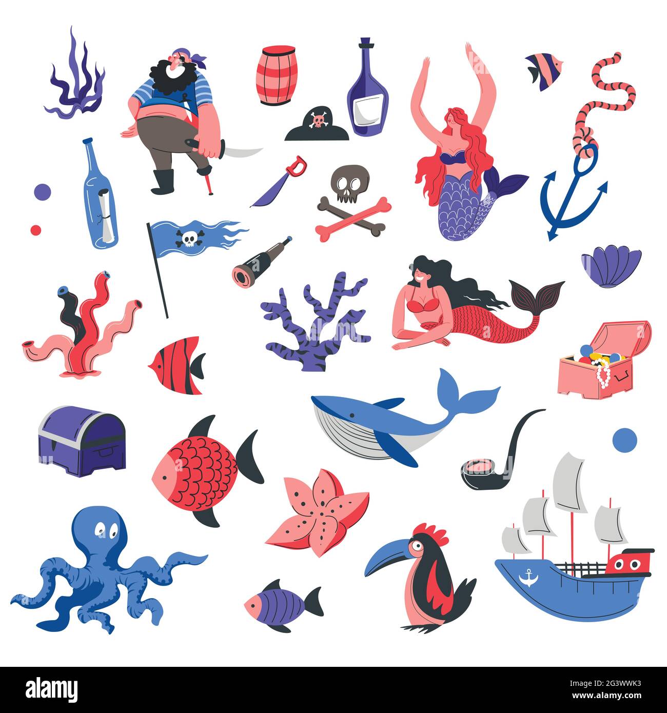 Sea and marine life, pirates and underwater life Stock Vector