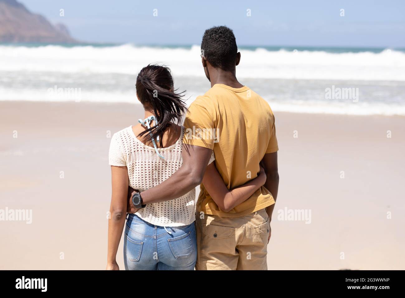 Rear view of african american couple embracing on a beach looking at ...