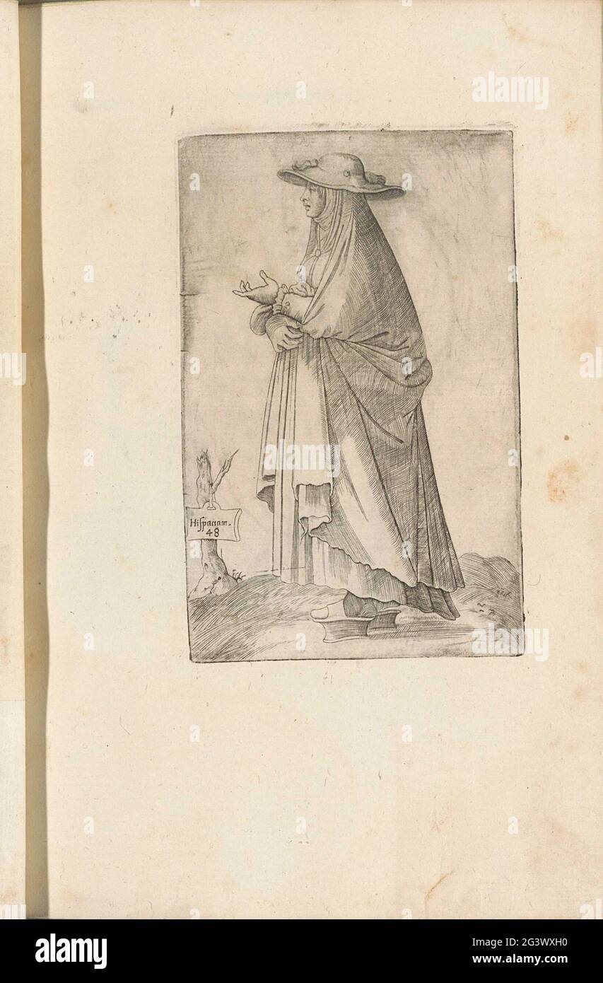 Hispanic woman walking on tripping; Hispana M (Ulier); Omnium Fere Gentium Nostrae Aetatis Habitus, Nunquam Ante Hac Aediti. A married Spanish woman, to the left, walking on tripping (wooden units). Hat with wide edge on the head, wide cloak. Part of the costume book entitled 'Omnium Fere Gentium Nostrae Aetatis Habitus, Nunquam Ante Hac Aediti', Venice 1569. Reference from 1569 from the first edition from 1563. Stock Photo