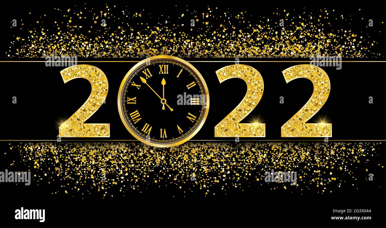 Black Paper Banner Golden Sand Clock 2022 Stock Photo