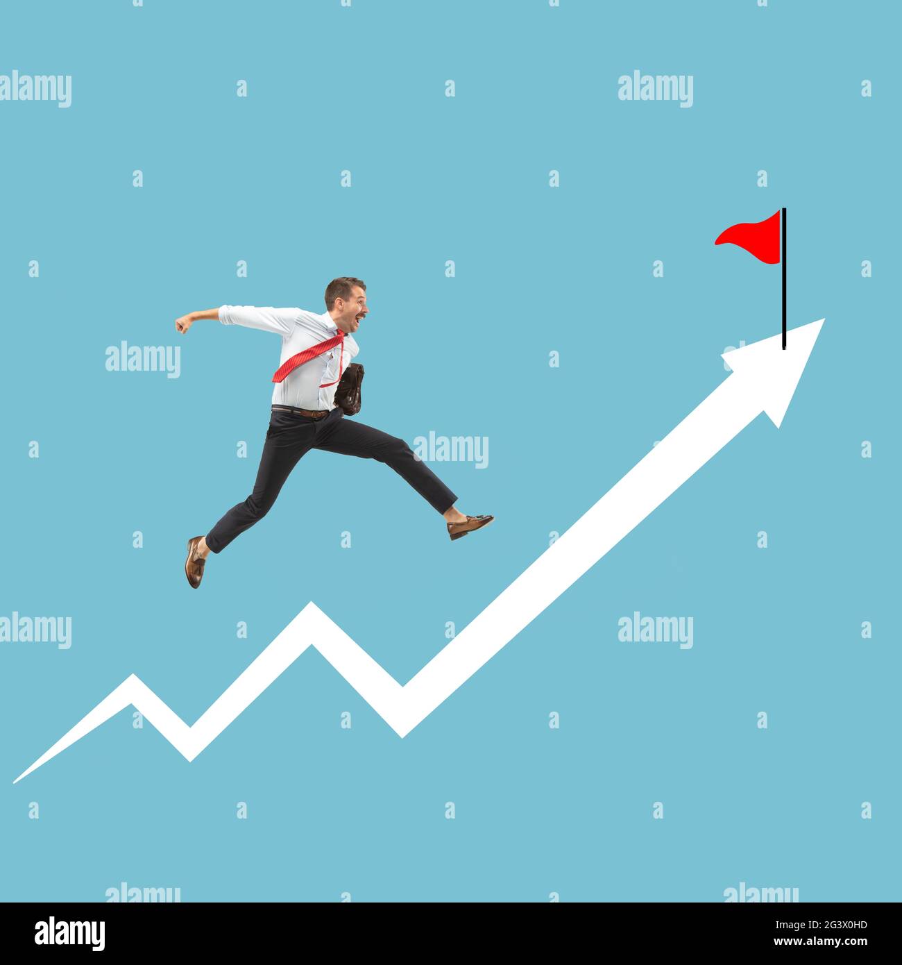Successful businessman running up the arrow, path to success and goal. Stock Photo