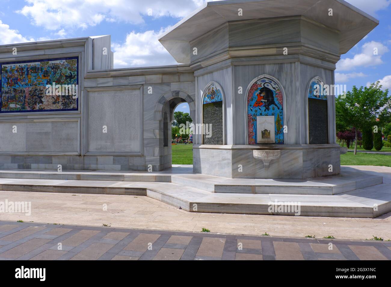 Marble Wall Picturing Stories by Turkish Mythology at Dede Korkut Park Eskisehir-Turkey Stock Photo