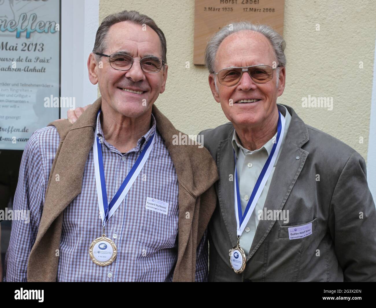 Cycling legends Ryszard Szurkowski and TÃ¤ve Schur on 04.05.2013 in the KleinmÃ¼hlingen Peace Museum Stock Photo