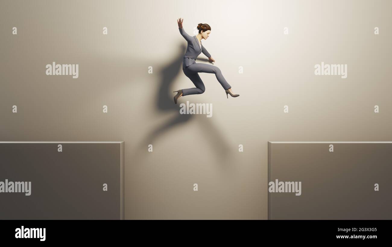Business woman jumps over a gap Stock Photo
