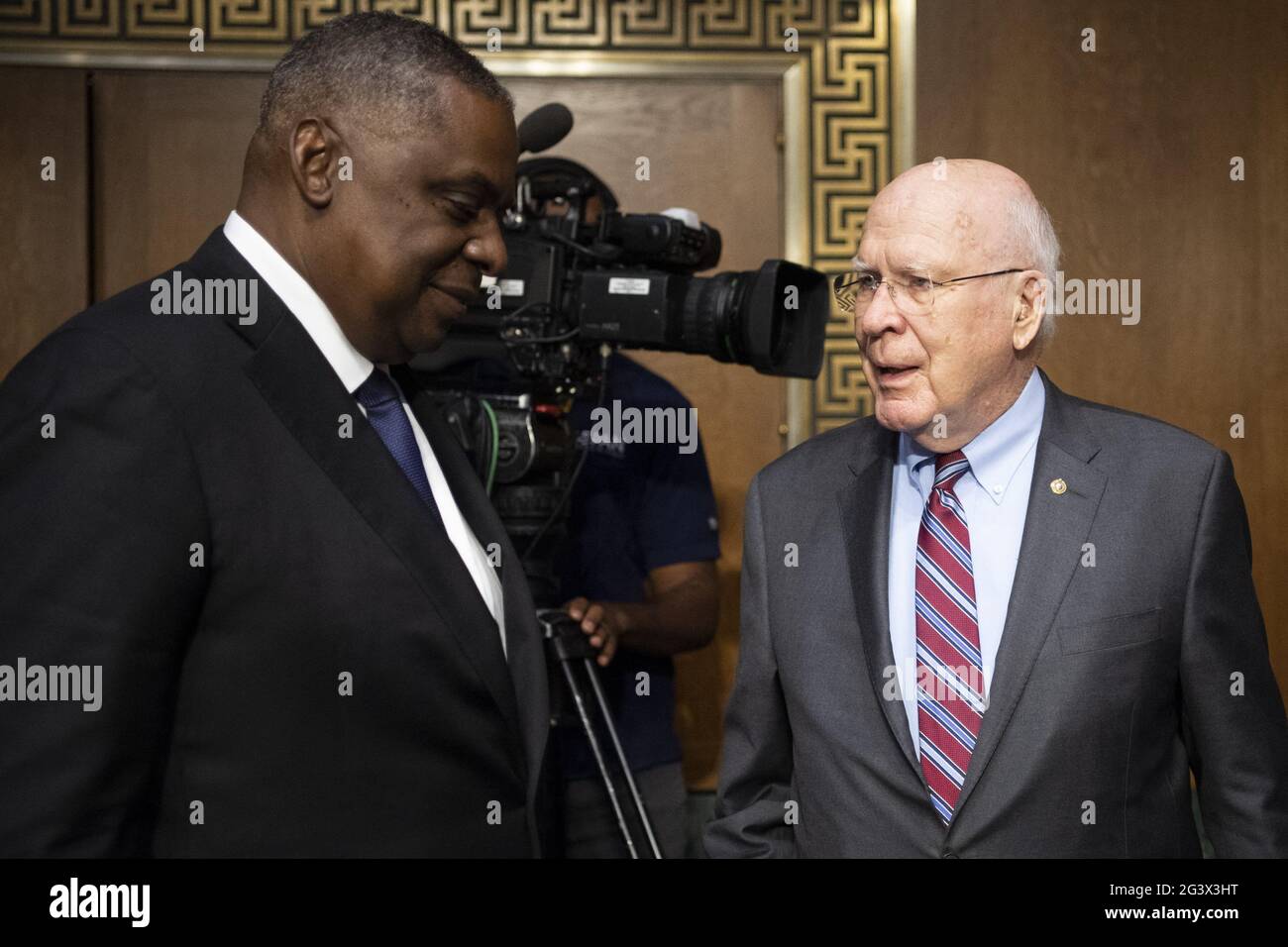 Secretary of Defense Lloyd Austin, left, talks with Chairman Patrick Leahy, D-Vt., at the end of the Senate Appropriations Committee hearing on 'A Review of the FY2022 Department of Defense Budget RequestâÂ€Â in Washington on Thursday, June 17, 2021. Photo by Photo by Caroline Brehman/Pool/ABACAPRESS.COM Stock Photo