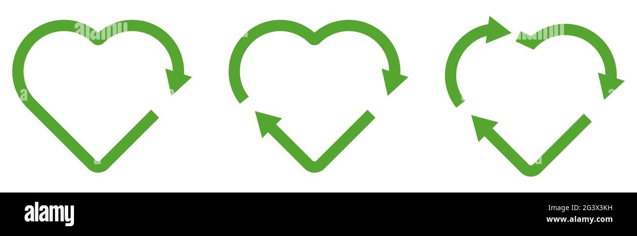 Collection of recycle heart symbol. Black heart shape recycle icons ...