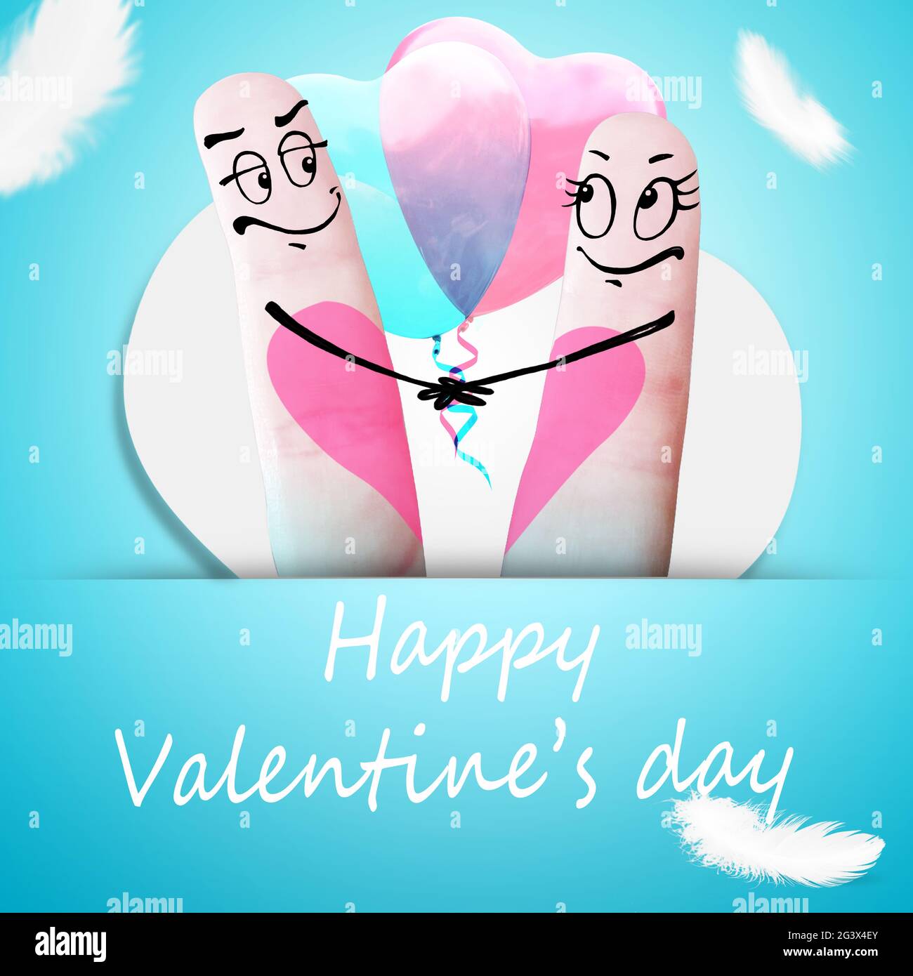 Happy finger couple in love with heart shaped air balloon. 3d Illustration. Stock Photo
