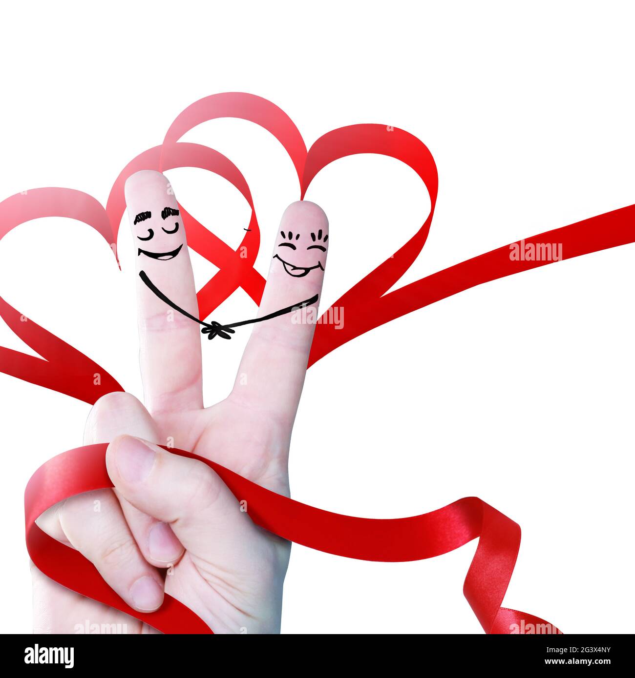 Happy finger couple in love with elegant ribbon. 3d illustration. Stock Photo