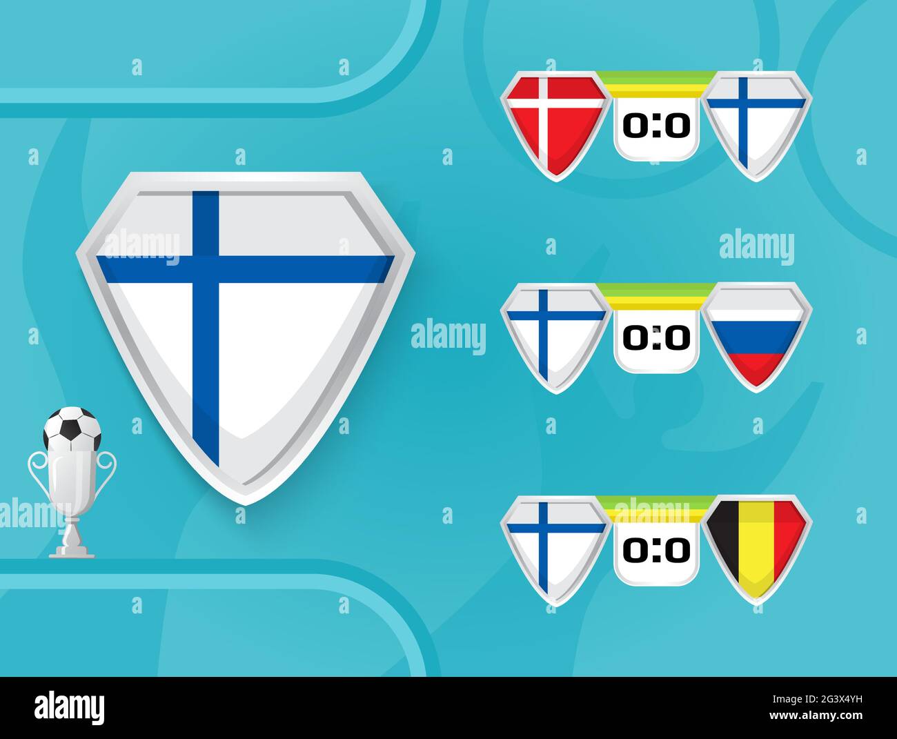Schedule of national football team of Finland matches in the European Championship 2020. Shields with the flag of Denmark, Finland, Belgium, Russia. Stock Vector