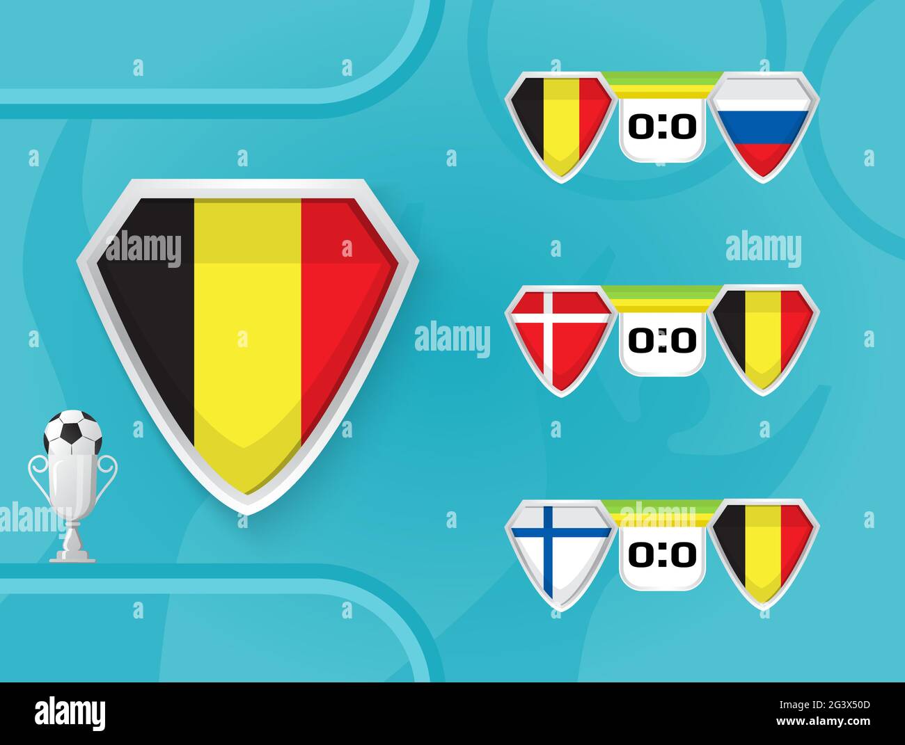 Schedule of national football team of Belgium matches in the European Championship 2020. Shields with the flag of Denmark, Finland, Belgium, Russia. Stock Vector