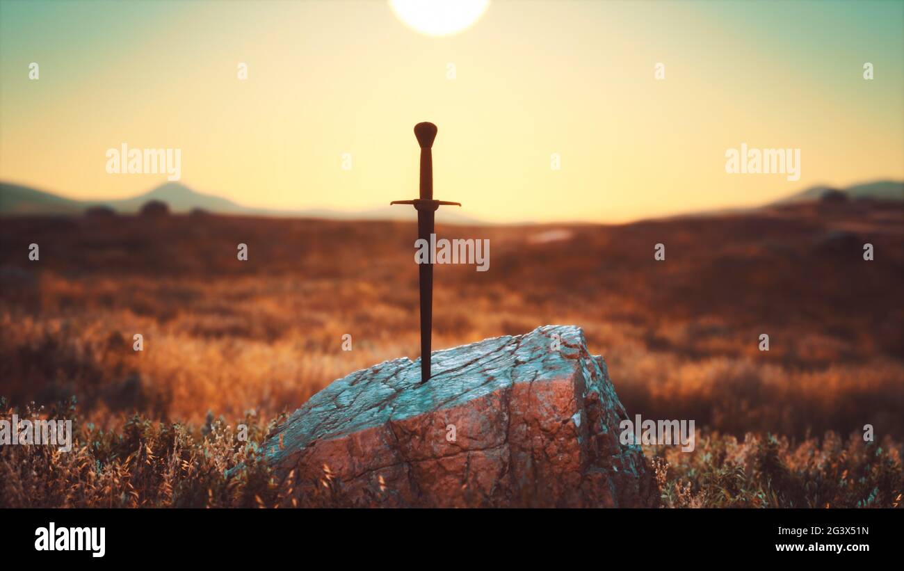 Famous sword excalibur of King Arthur in the rock Stock Photo - Alamy