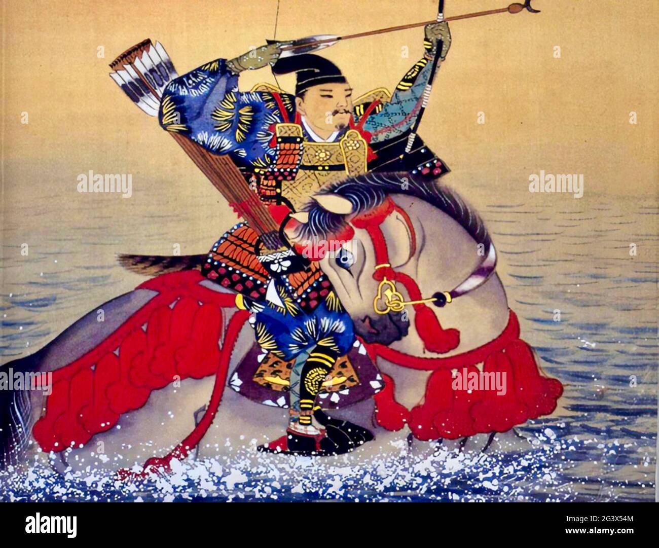 Painting of Nasu no Yoichi, a famous samurai archer, during the Battle of Yashima in 1184 Stock Photo