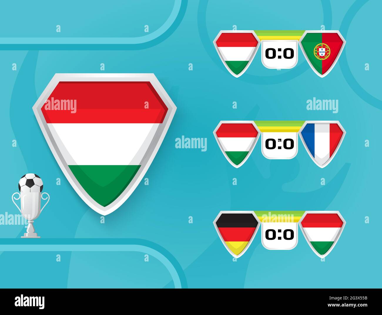 Schedule of national football team of Hungary matches in the European Championship 2020. Shields with the flag of Hungary, Portugal, France, Germany. Stock Vector