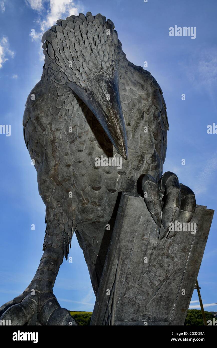 The Rook with a Book sculpture on Fowey Harbour, Cornwall  UK referencing Daphne du Maurier's The Birds Stock Photo