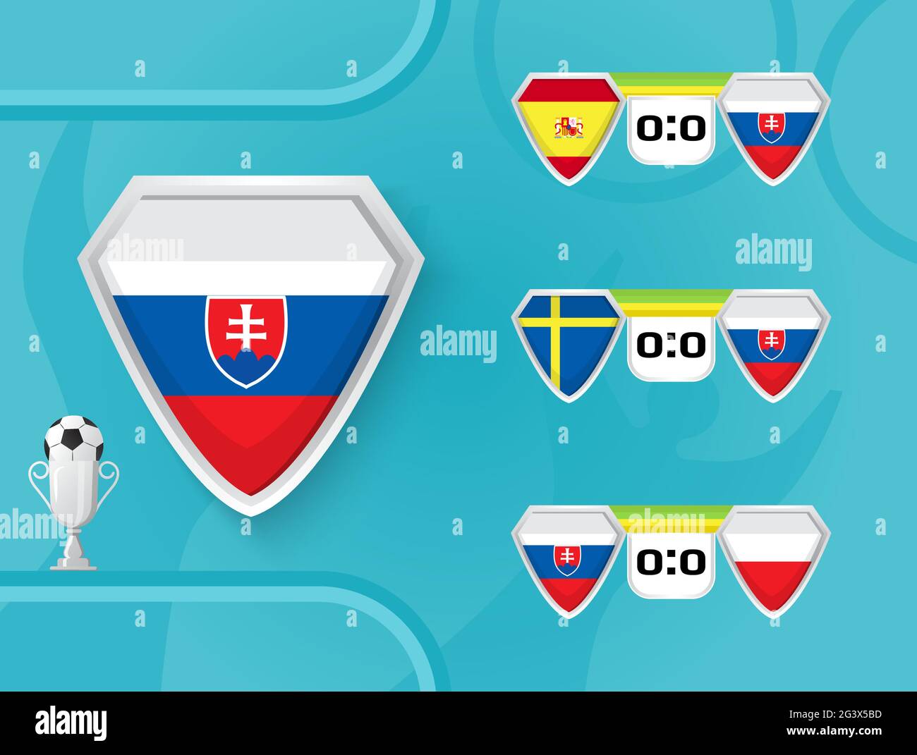 Schedule of national football team of Slovakia matches in the European Championship 2020. European soccer champion cup are shown. Shields with the fla Stock Vector