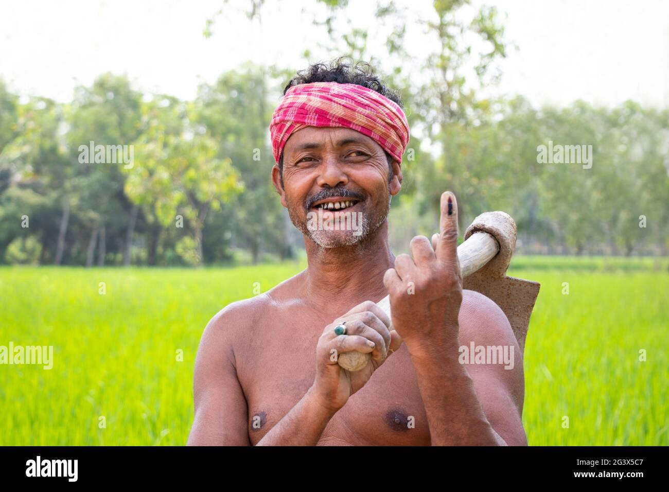 Portrait of a Farmer holding a Shovel with voters mark on finger in ...