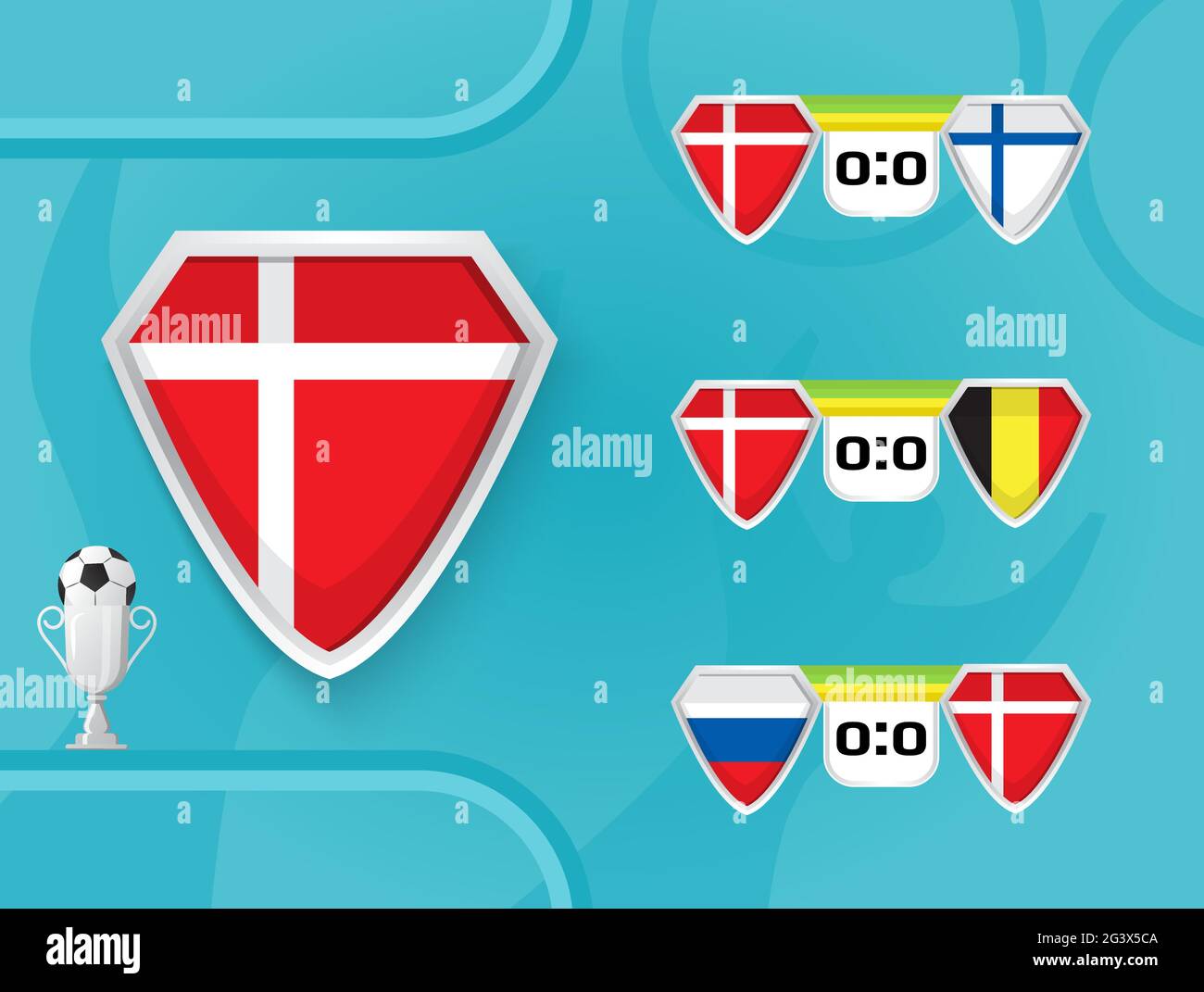 Schedule of national football team of Denmark matches in the European Championship 2020. Shields with the flag of Denmark, Finland, Belgium, Russia. Stock Vector
