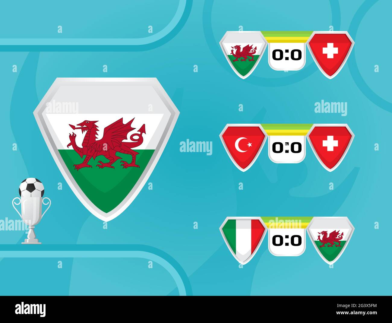 Schedule of national football team of Wales vector. The result of football matches in the European Championship 2020. Shields with the flag of Turkey, Stock Vector
