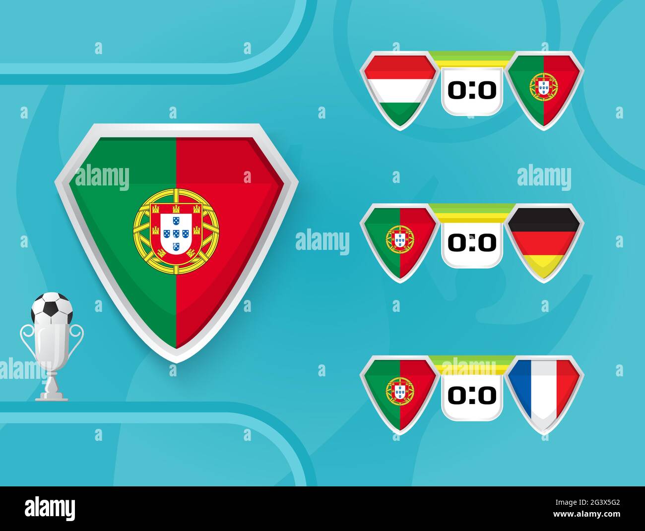 Schedule of national football team of Portugal matches in the European Championship 2020. Shields with the flag of Hungary, Portugal, France, Germany. Stock Vector