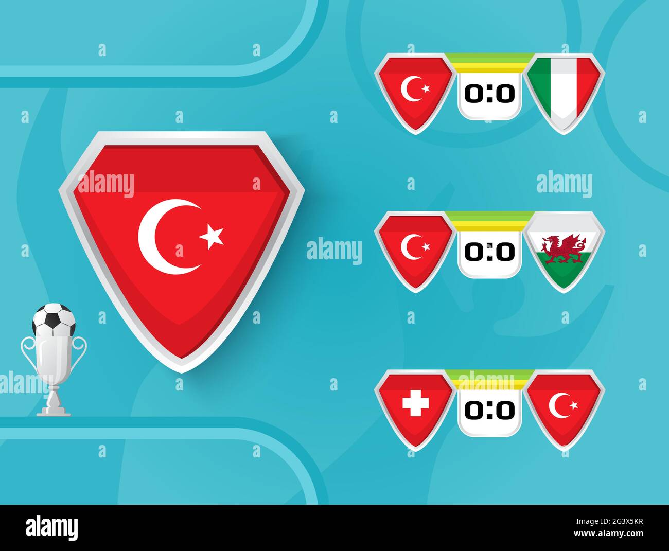 Schedule of national football team of Switzerland matches in the European Championship 2020. Shields with the flag of Turkey, Switzerland, Wales, Ital Stock Vector