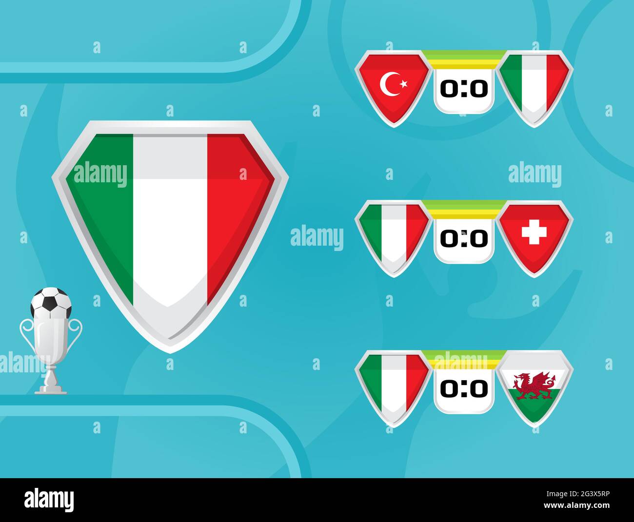 Schedule of national football team of Italy vector. The result of football matches in the European Championship 2020. Shields with the flag of Turkey, Stock Vector
