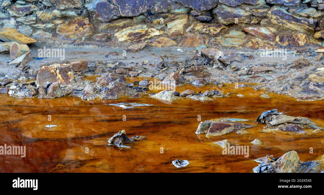 Orange red river with iron ore and copper ore deposits in the Rio Tinto