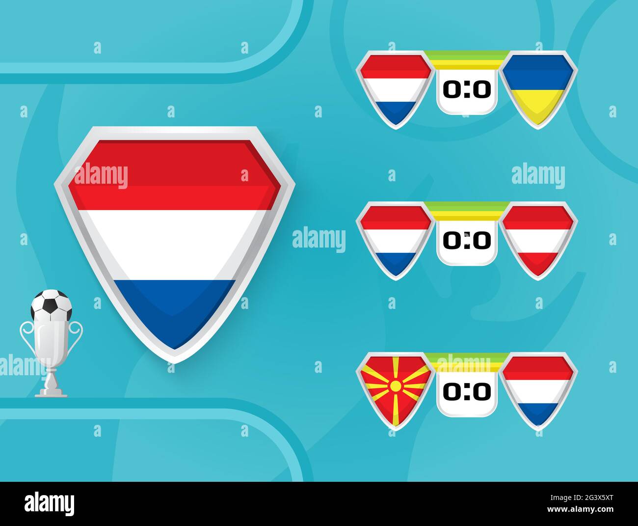 Schedule of national football team of Netherlands matches in the European Championship 2020. Shields with the flag of Netherlands, Ukraine, Austria, N Stock Vector