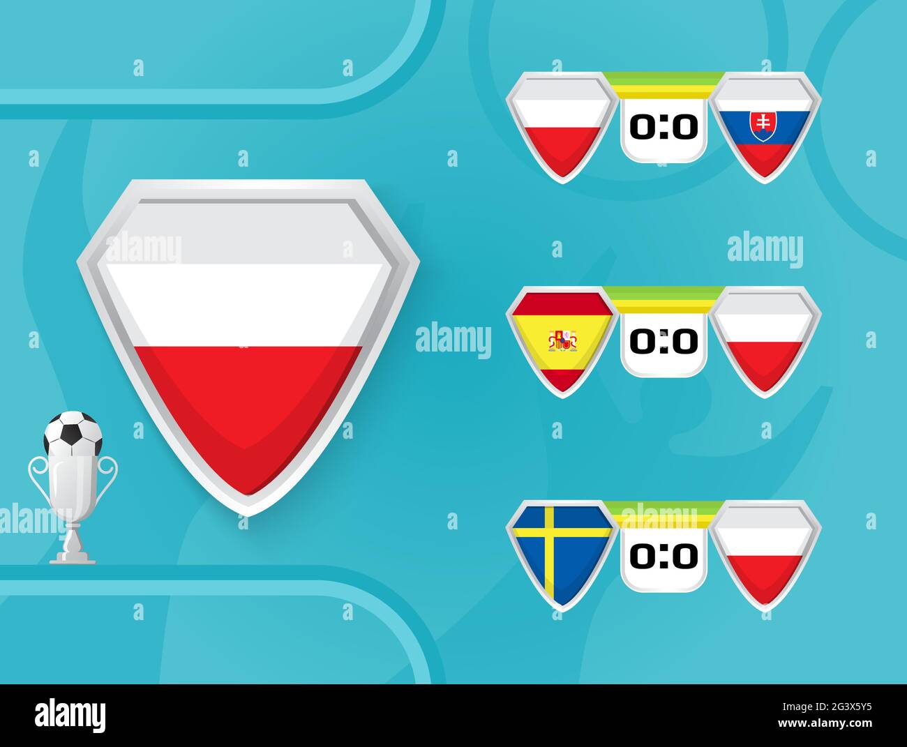 Schedule of national football team of Poland matches in the European Championship 2020. European soccer champion cup are shown. Shields with the flag Stock Vector