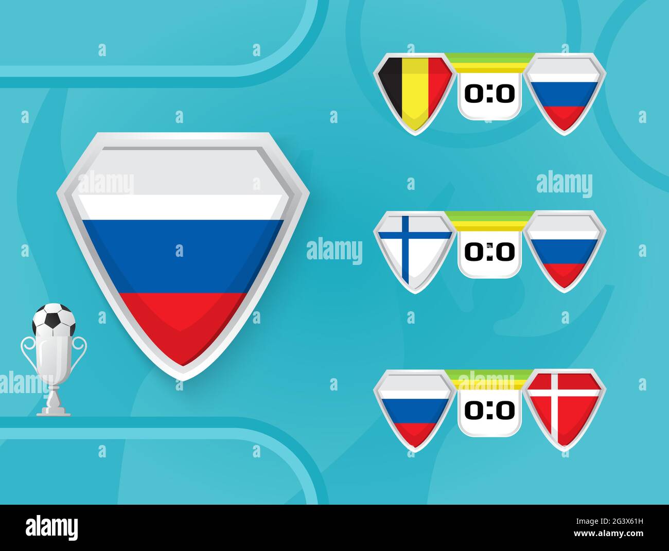 Schedule of national football team of Russia matches in the European Championship 2020. Shields with the flag of Denmark, Finland, Belgium, Russia. Stock Vector