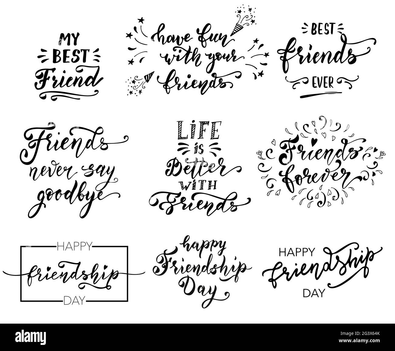 Friendship Happy Motivational Quote for T-shirt, Poster, Print, Merch Design Template. Happy Friends Forever Greeting Card Hand drawn Lettering. Stock Vector