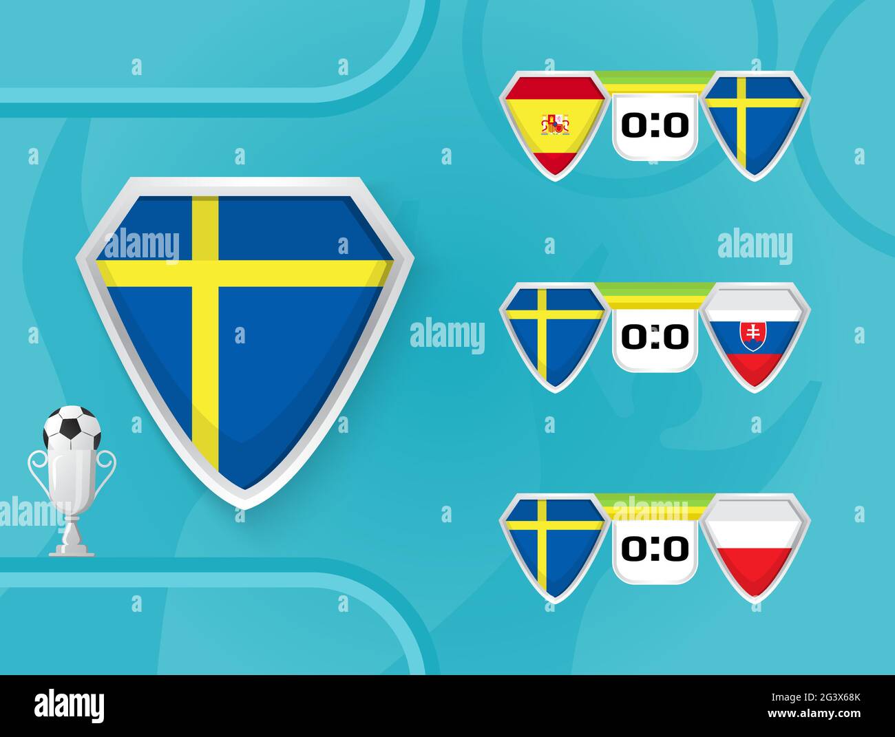 Schedule of national football team of Sweden matches in the European Championship 2020. European soccer champion cup are shown. Shields with the flag Stock Vector