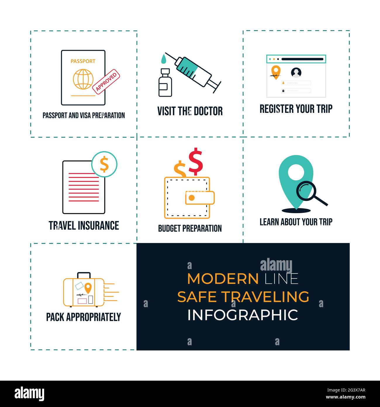 line design vector icons set of vacation and travel. Safe travel on pandemic infographic flat design vector Stock Vector