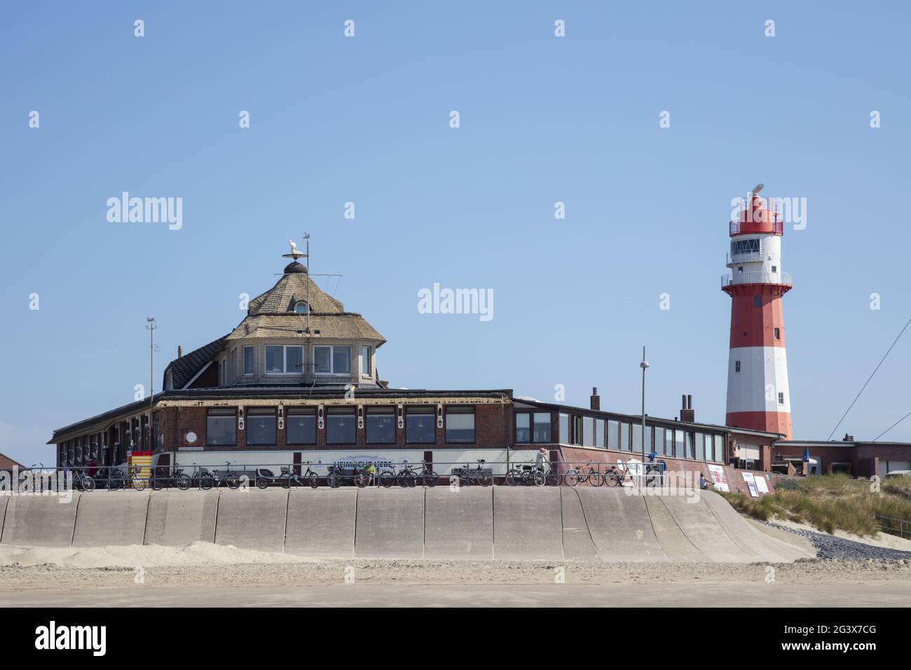 South beach with electric Lighthouse at Borkum Island Stock Photo
