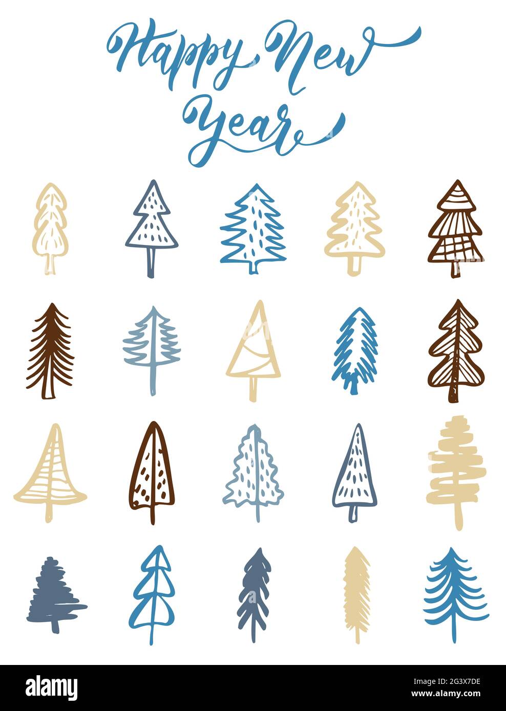 Christmas Doodle Fir Trees Hand drawn Set. Vector Simple Stylized ...